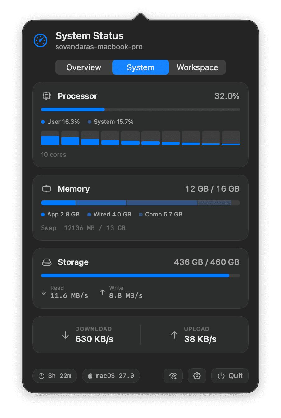 JgDo popover — System tab with processor, memory, and storage detail