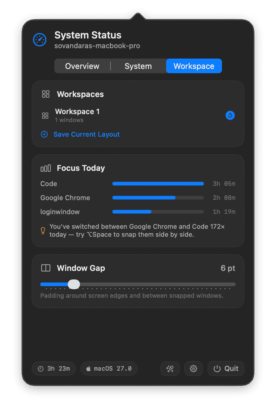 JgDo popover — Workspace tab with saved workspaces and focus insights